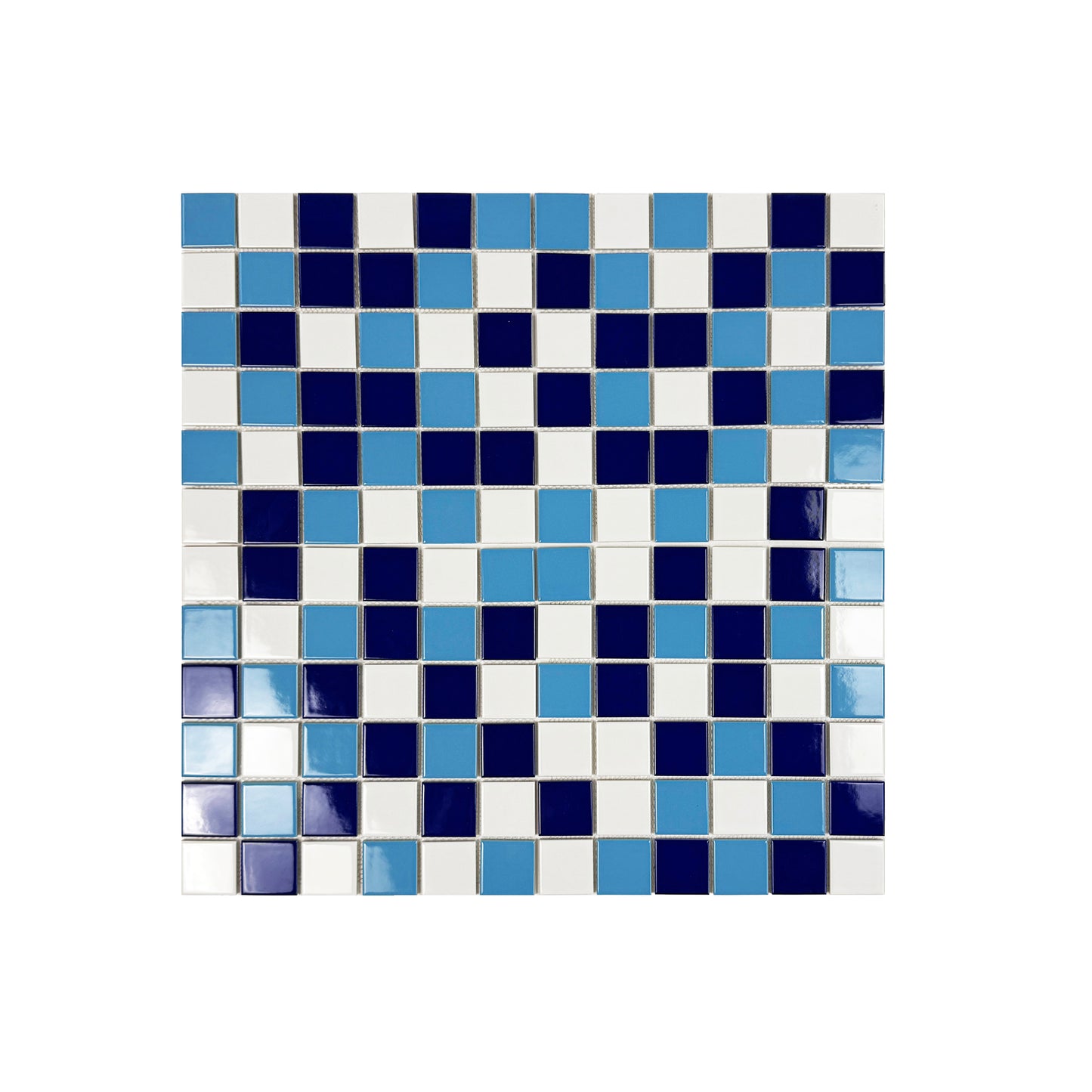 Mosaic tile  with blue and white squares on a white background