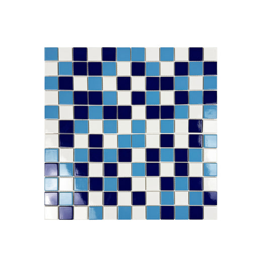 Mosaic tile  with blue and white squares on a white background