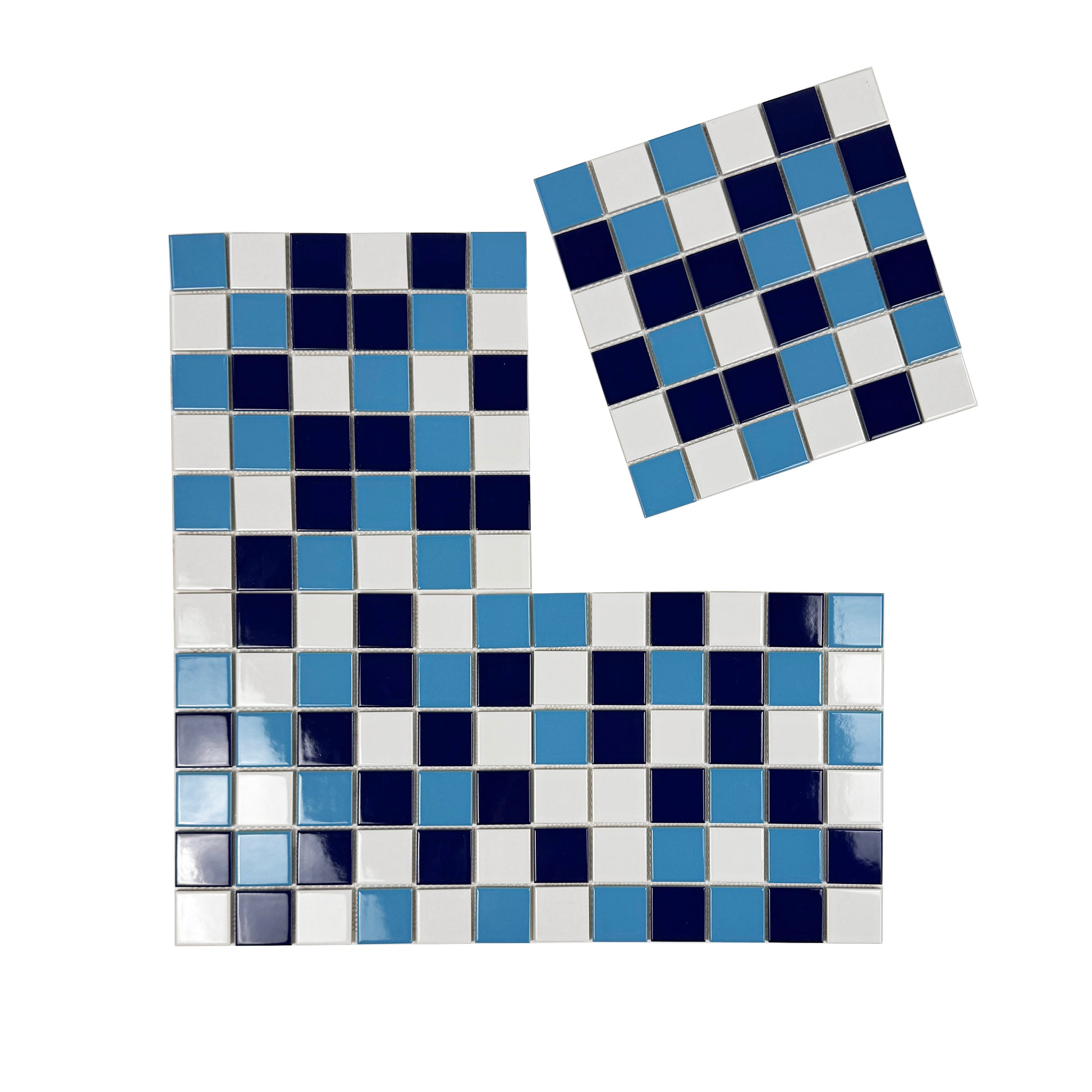 Set of square coasters with blue and white checkered pattern on a white background