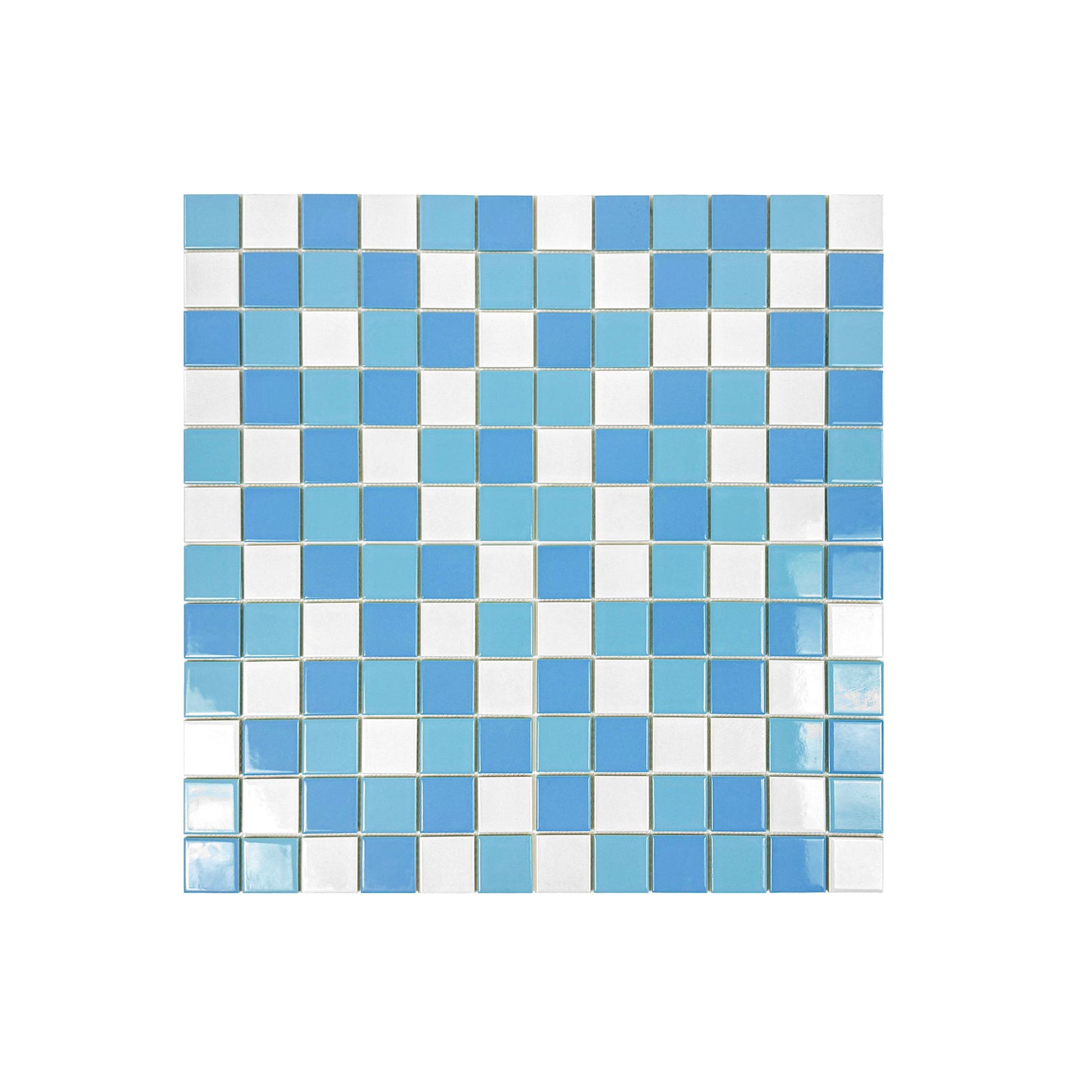 Mosaic tile  with blue and white squares on a white background