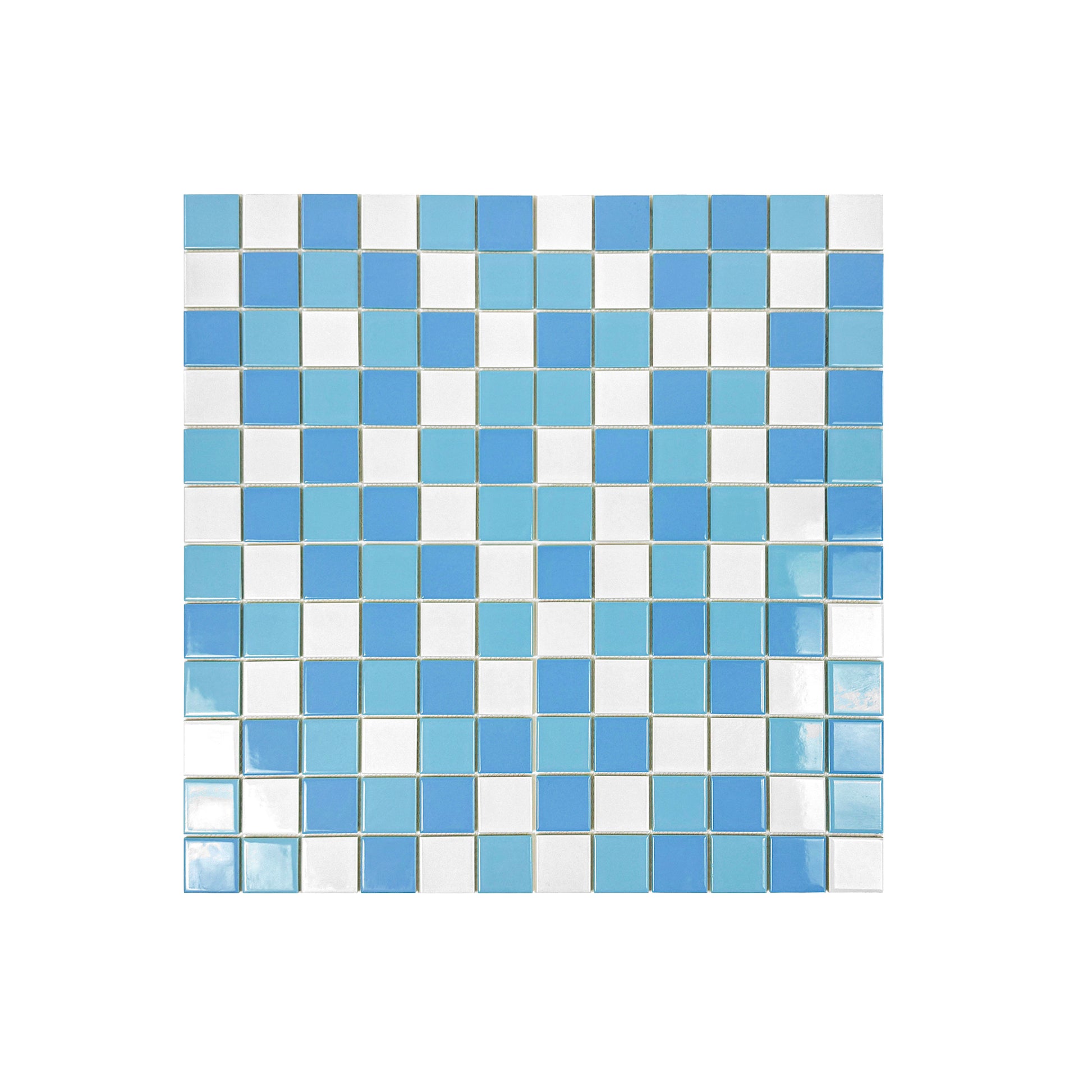 Mosaic tile  with blue and white squares on a white background