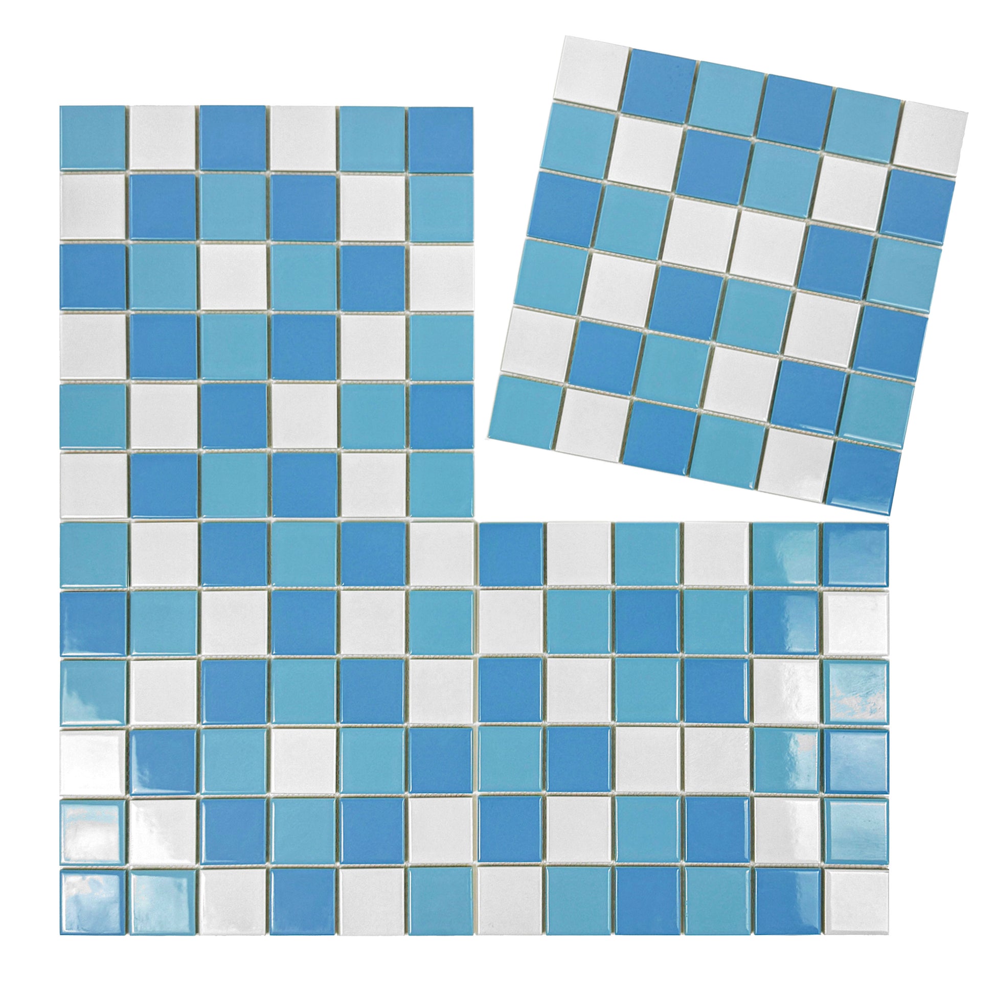 Blue and white checkered tiles on a white background