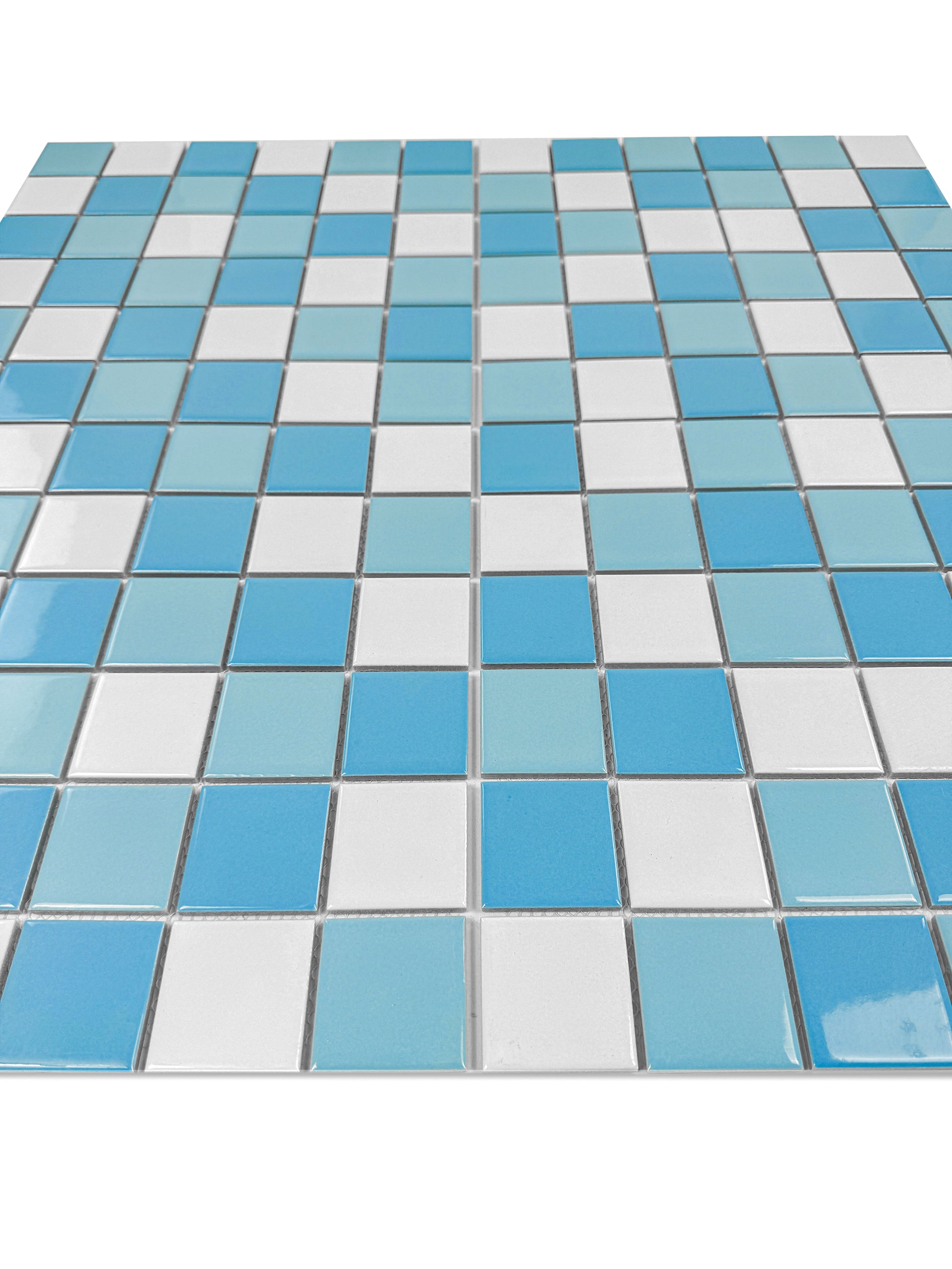 Mosaic tile with blue, white, and light blue tiles on a white background