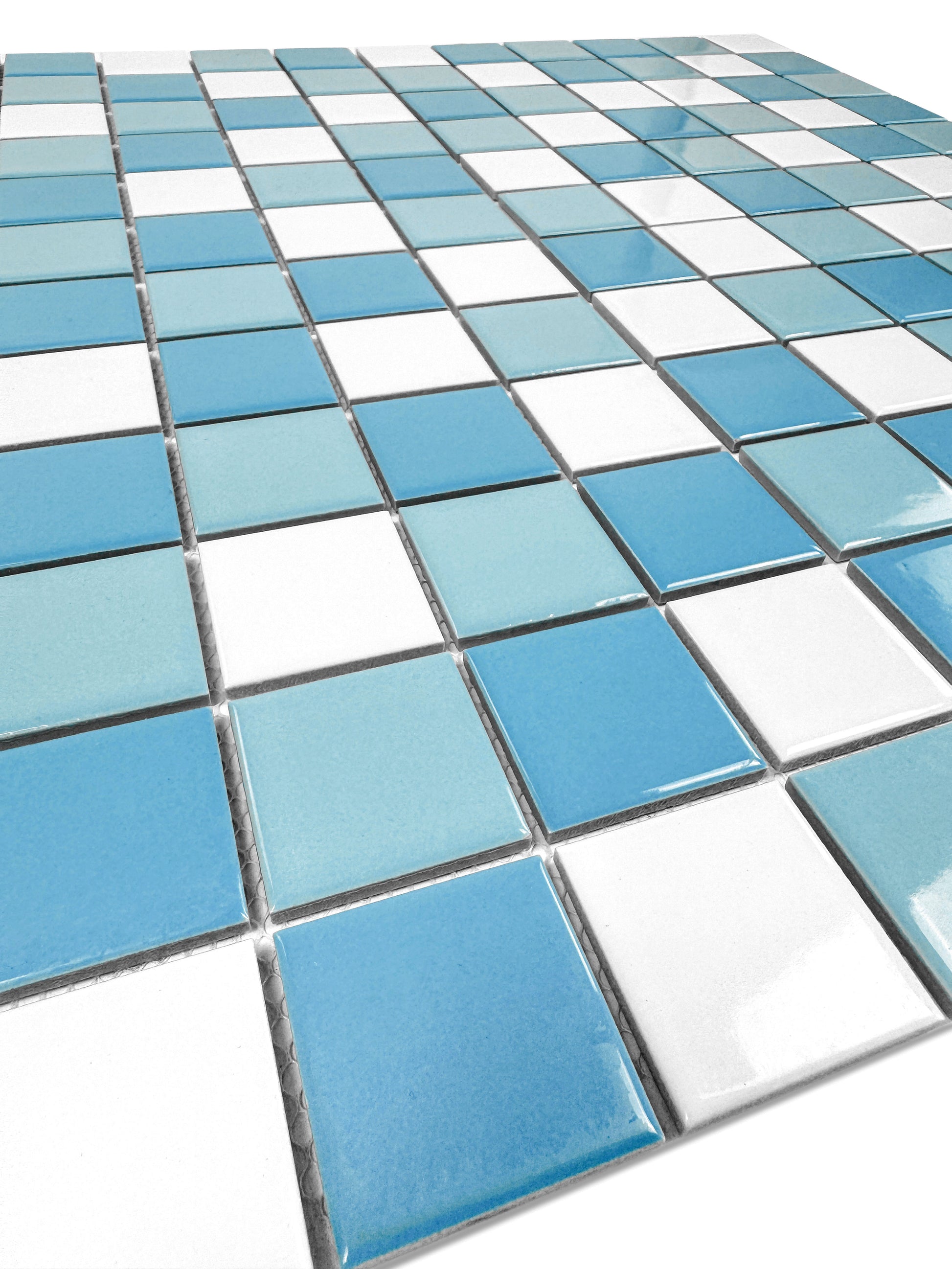  blue and white tiles on a white background