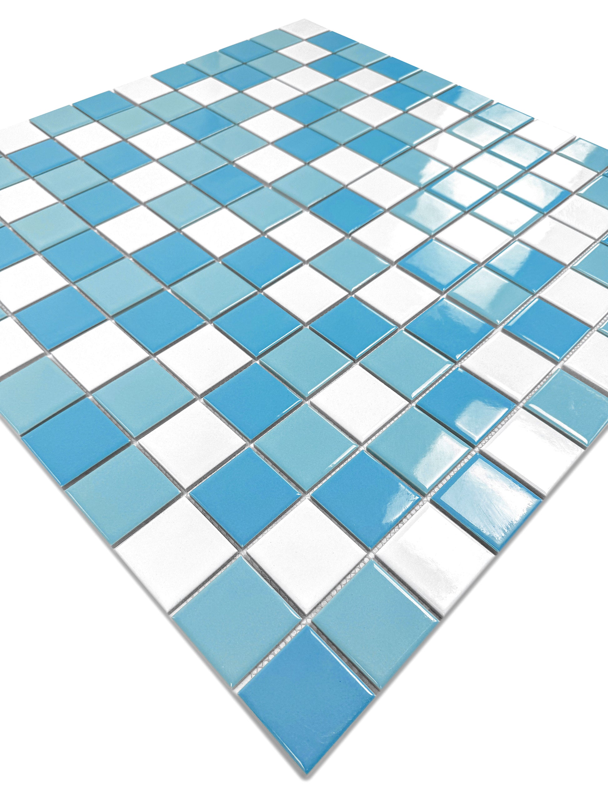 Mosaic tile with blue and white squares on a white background