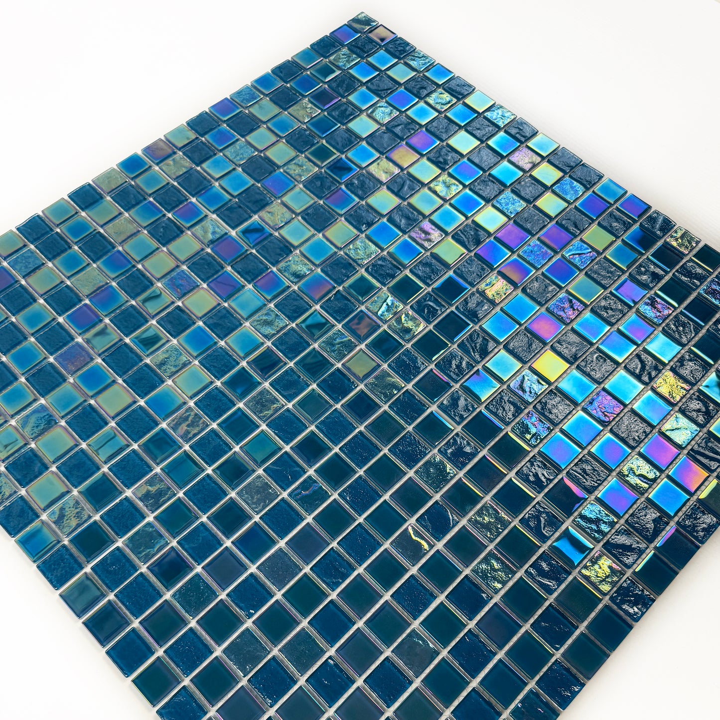Crystal Cascade Series Pine Green & Sapphire Blue Iridescent Mixed Wave Pattern Crystal Glass Mosaic