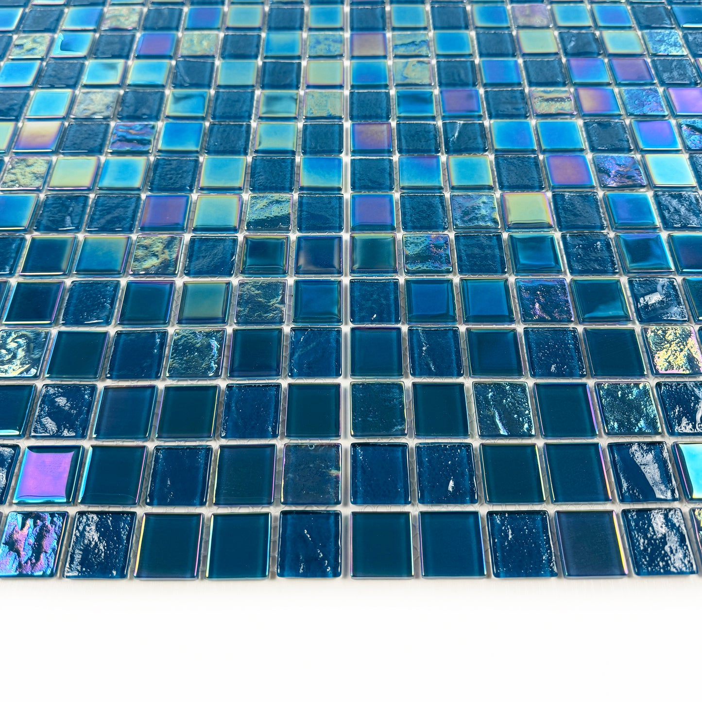 Crystal Cascade Series Pine Green & Sapphire Blue Iridescent Mixed Wave Pattern Crystal Glass Mosaic