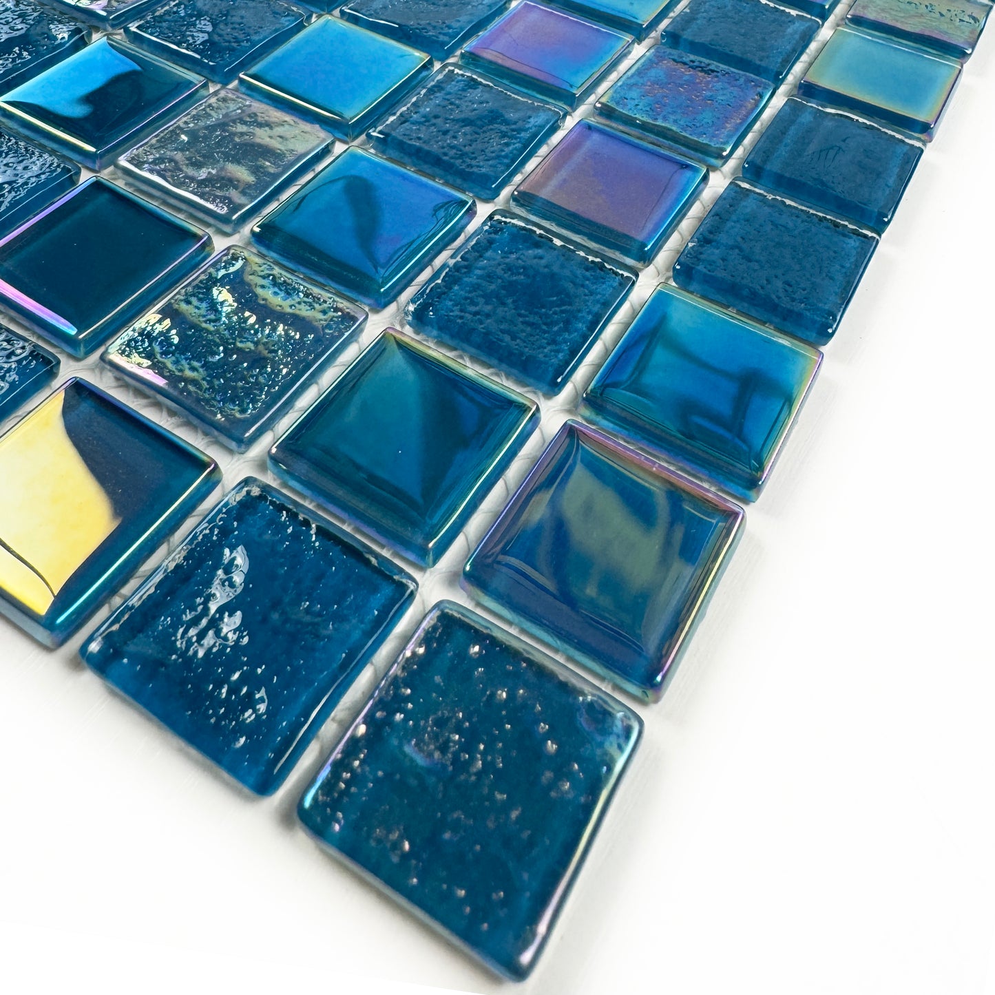 Crystal Cascade Series Pine Green & Sapphire Blue Iridescent Mixed Wave Pattern Crystal Glass Mosaic