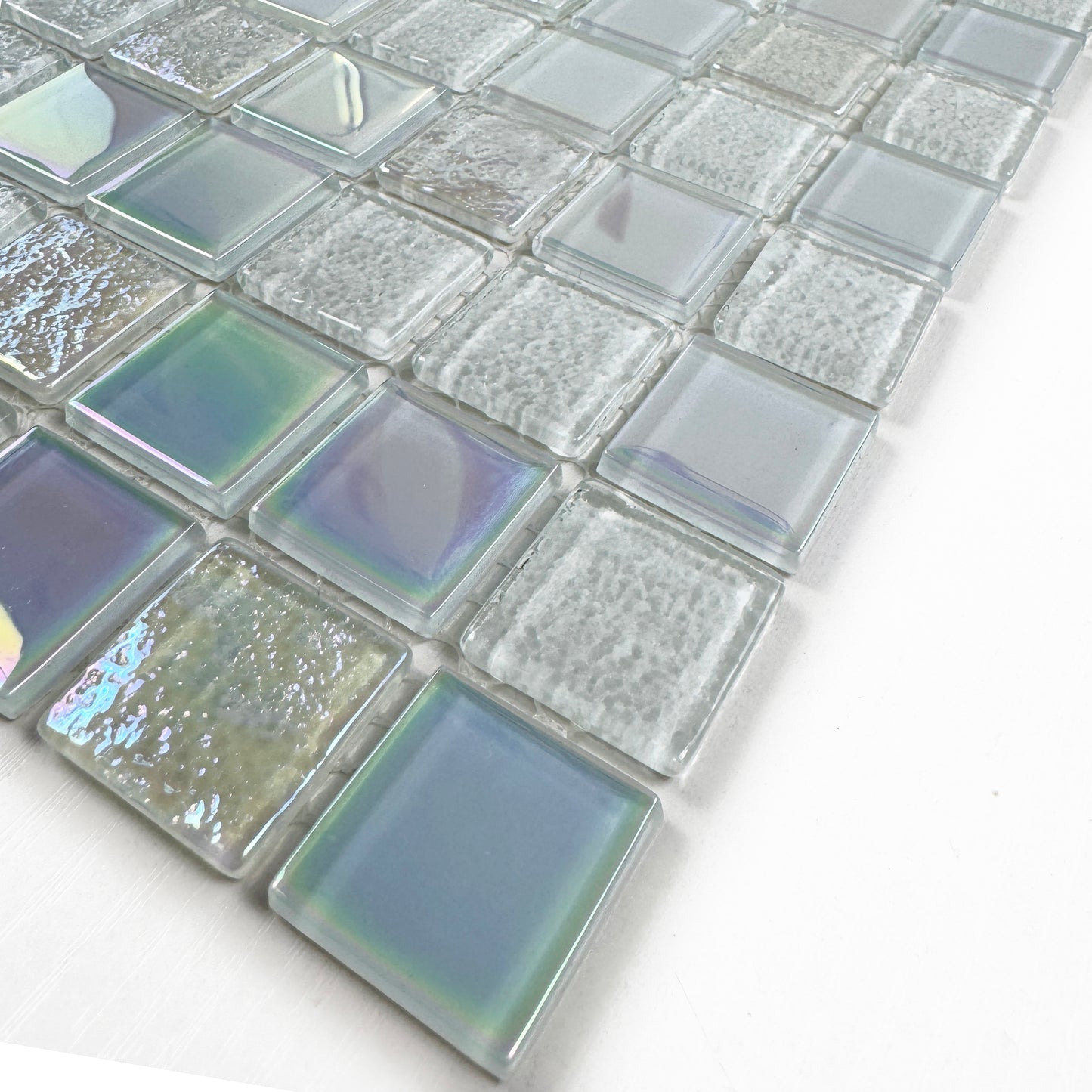 Crystal Cascade Series White Iridescent Mixed Wave Pattern Crystal Glass Mosaic