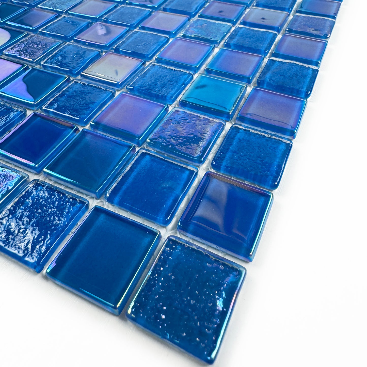 Crystal Cascade Series French Blue & Oriental Blue Iridescent Mixed Wave Pattern Crystal Glass Mosaic