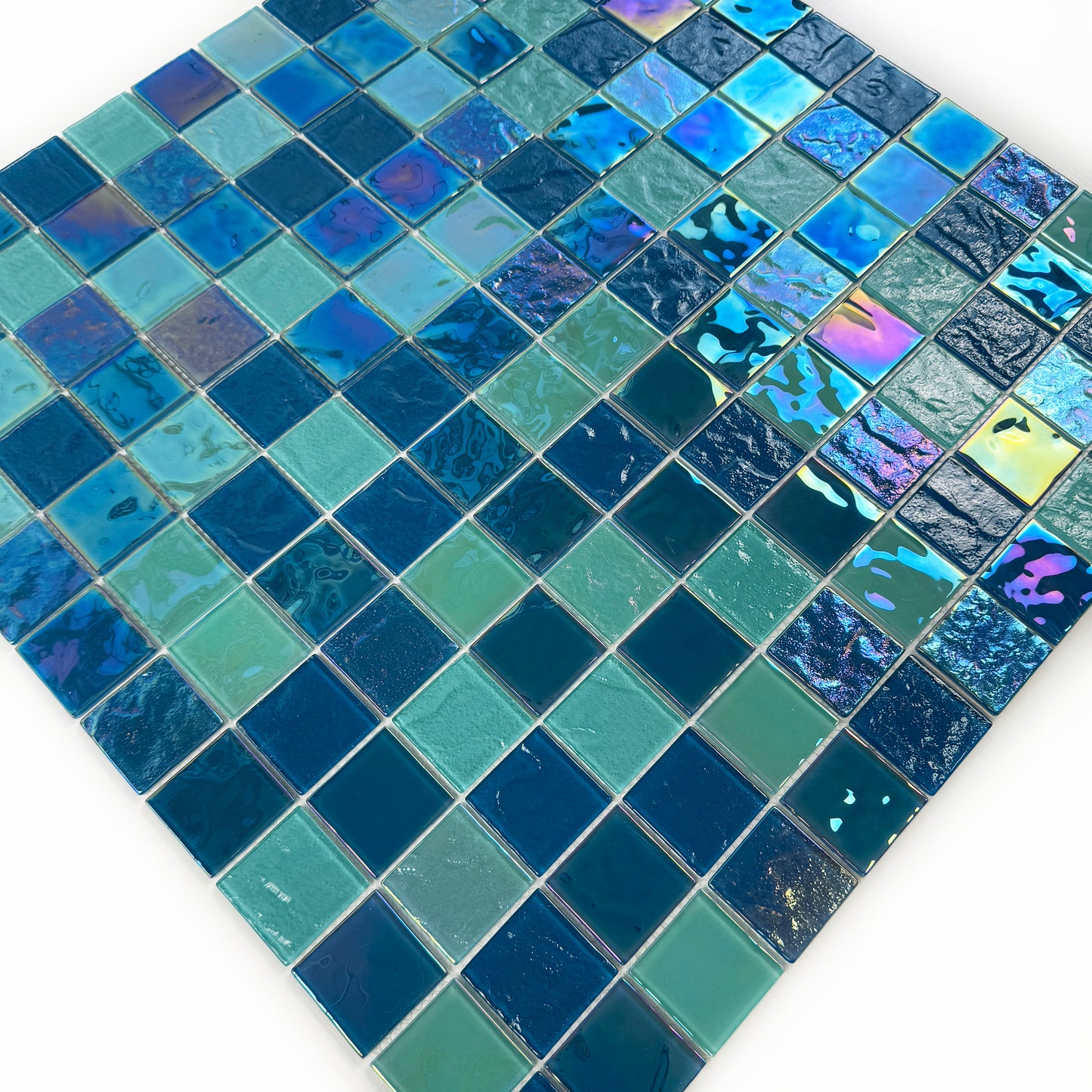 Crystal Cascade Series Pine Green & Sapphire Blue Iridescent Mixed Wave Pattern Crystal Glass Mosaic