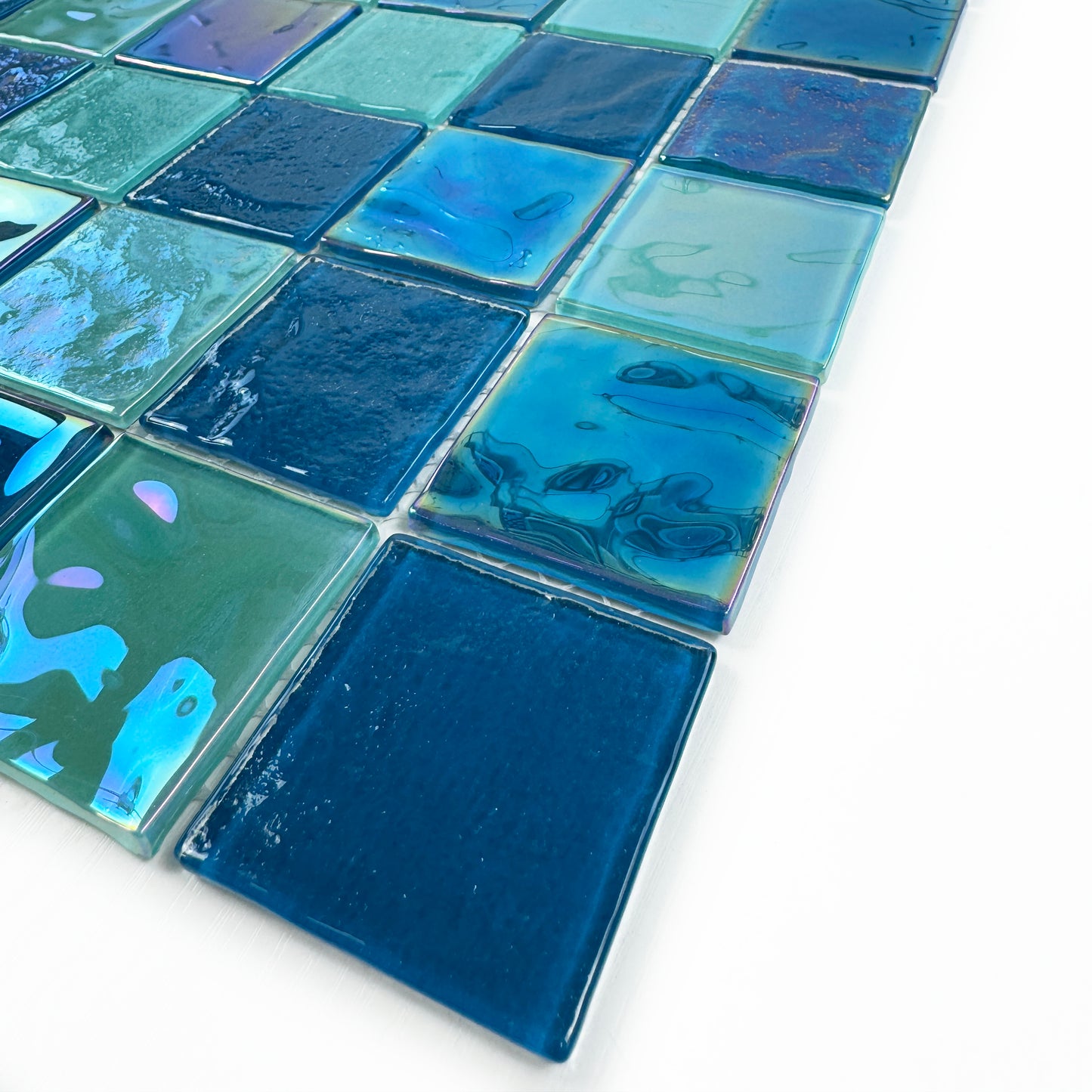 Crystal Cascade Series Pine Green & Sapphire Blue Iridescent Mixed Wave Pattern Crystal Glass Mosaic