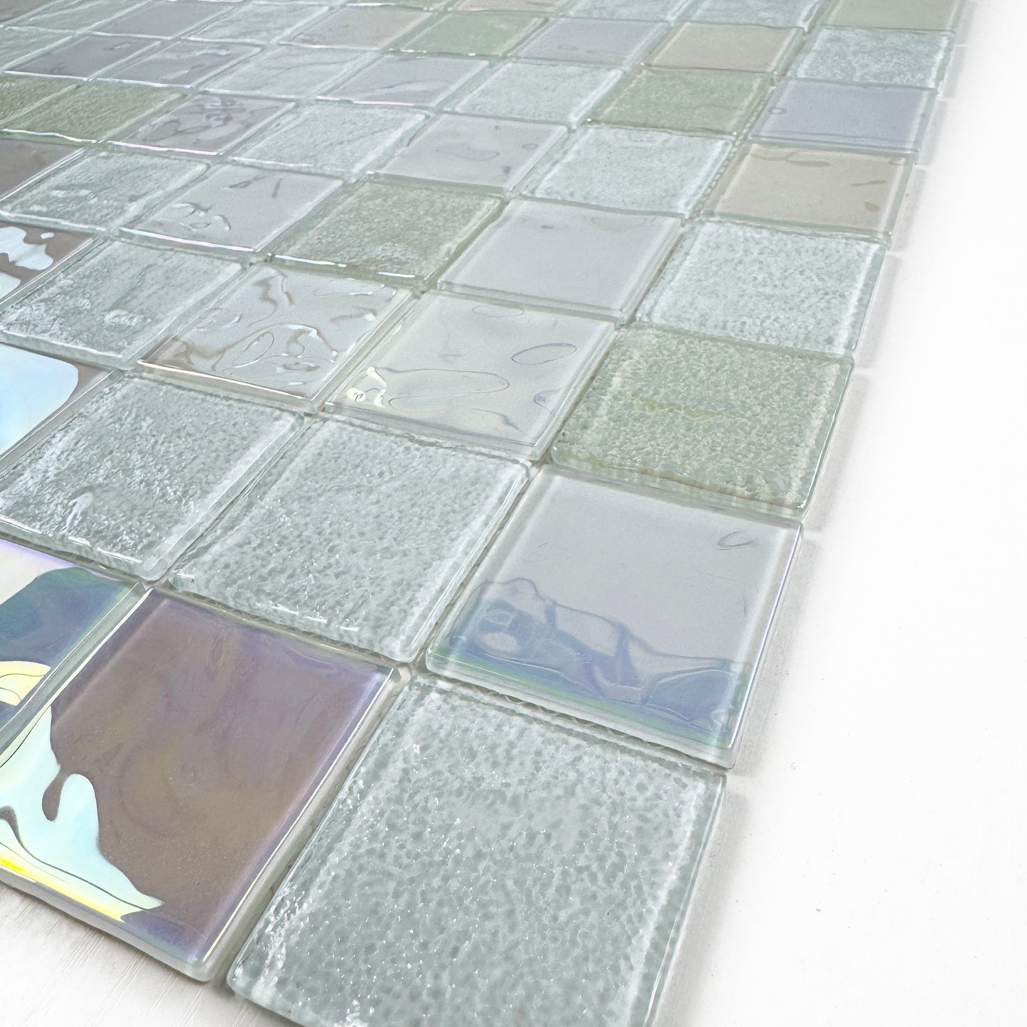 Crystal Cascade Series White Iridescent Mixed Wave Pattern Crystal Glass Mosaic