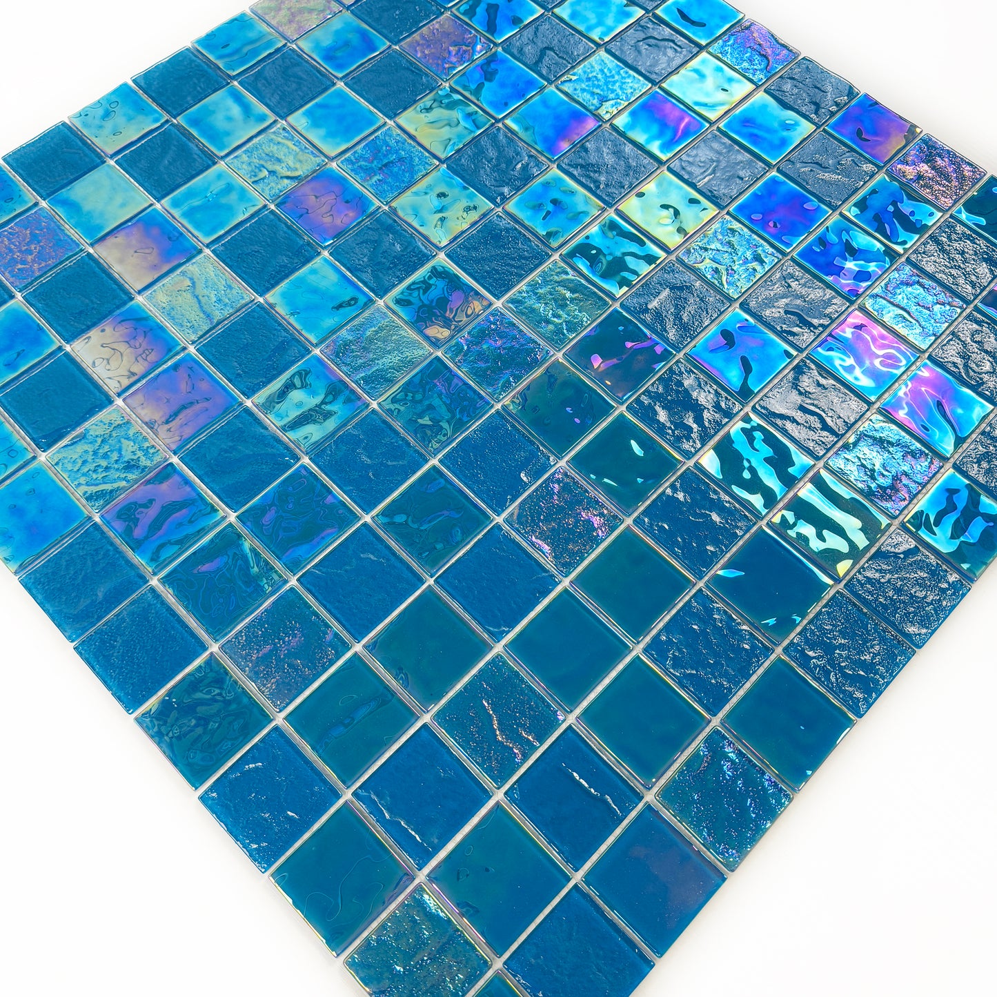 Crystal Cascade Series Sky Blue Iridescent Mixed Wave Pattern Crystal Glass Mosaic