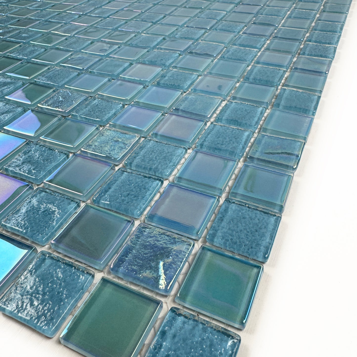 Crystal Cascade Series Sky Blue & Nile Blue Iridescent Mixed Wave Pattern Crystal Glass Mosaic