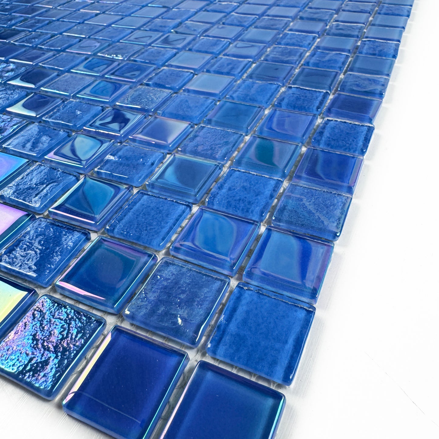 Crystal Cascade Series  French Blue Iridescent Mixed Wave Pattern Crystal Glass Mosaic