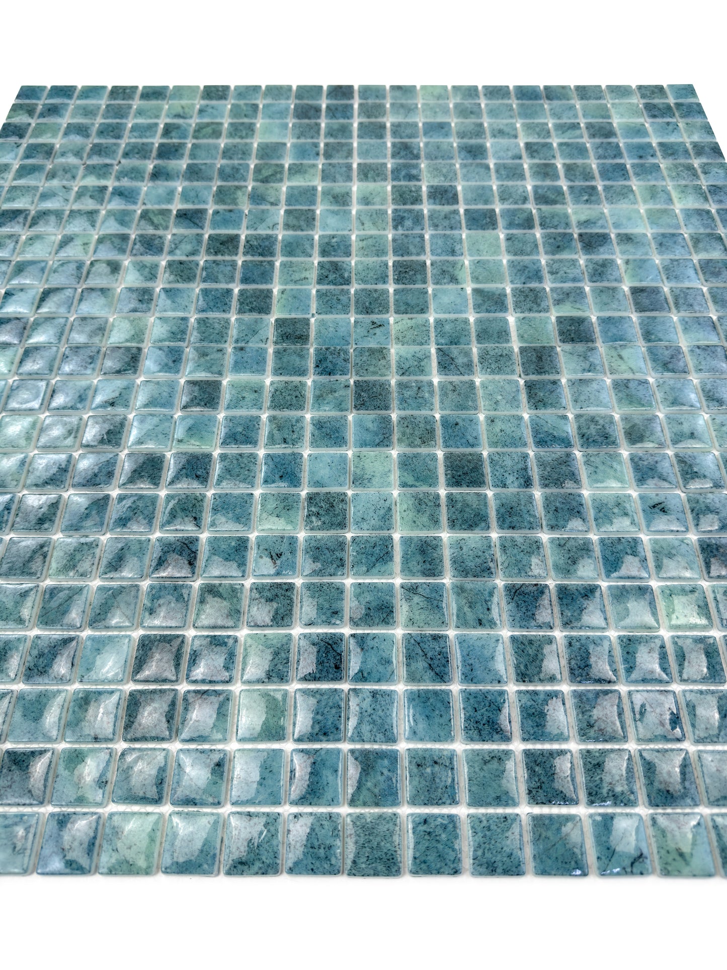 Opulent Vein Series Pine Green & Sea Green Marble Texture Glossy Recycled Glass Mosaic