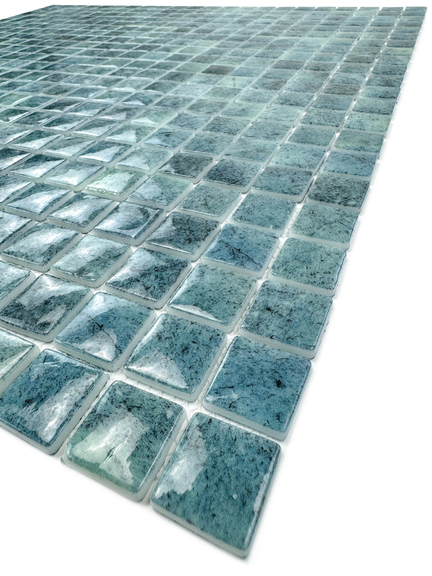 Opulent Vein Series Pine Green & Sea Green Marble Texture Glossy Recycled Glass Mosaic