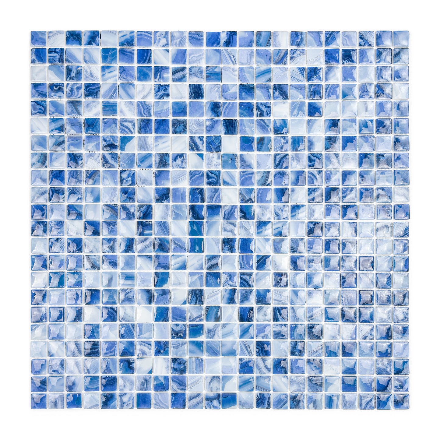 Opulent Vein Series Yale Blue & Milk White Marble Texture Glossy Recycled Glass Mosaic
