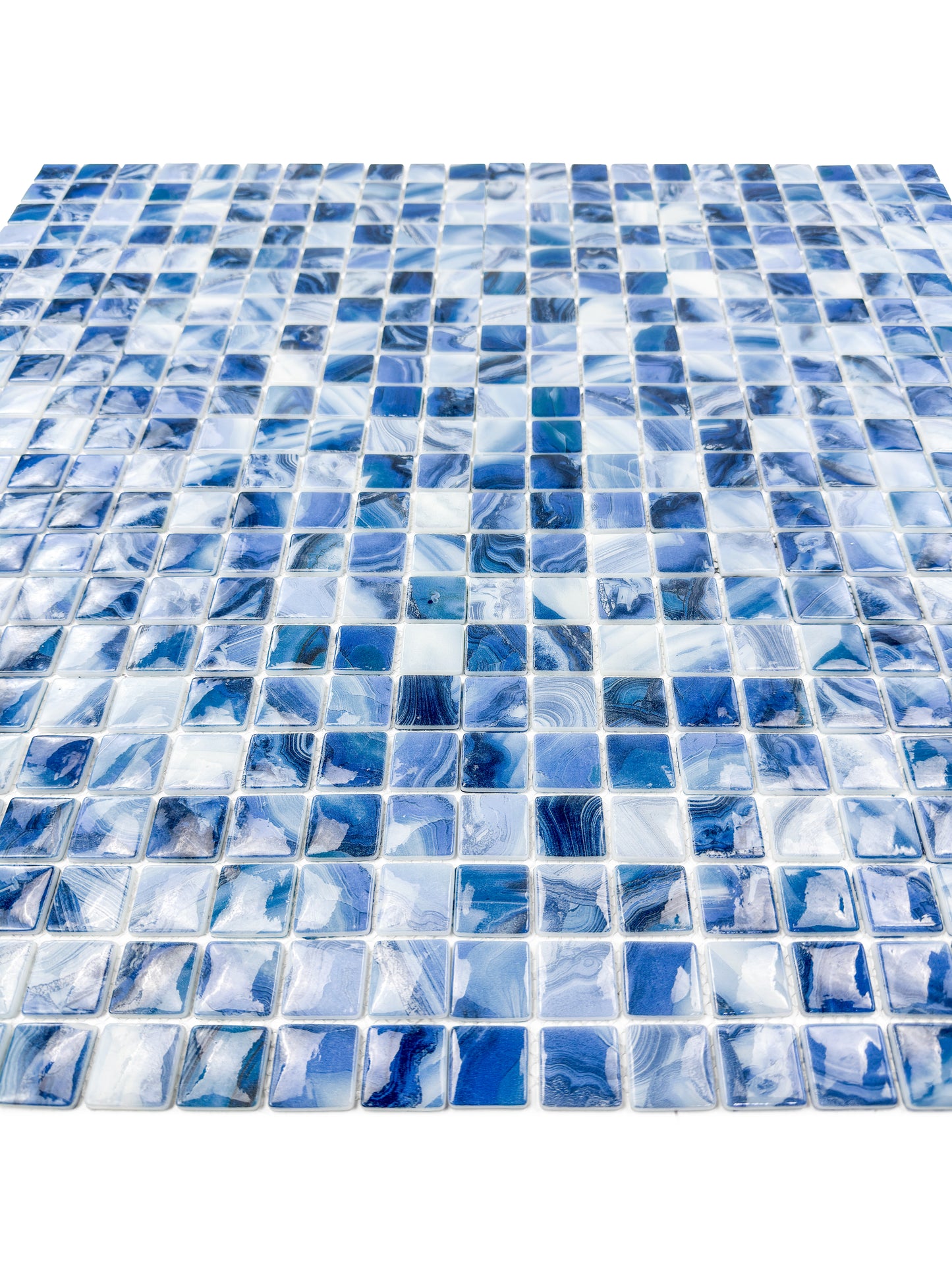 Opulent Vein Series Yale Blue & Milk White Marble Texture Glossy Recycled Glass Mosaic