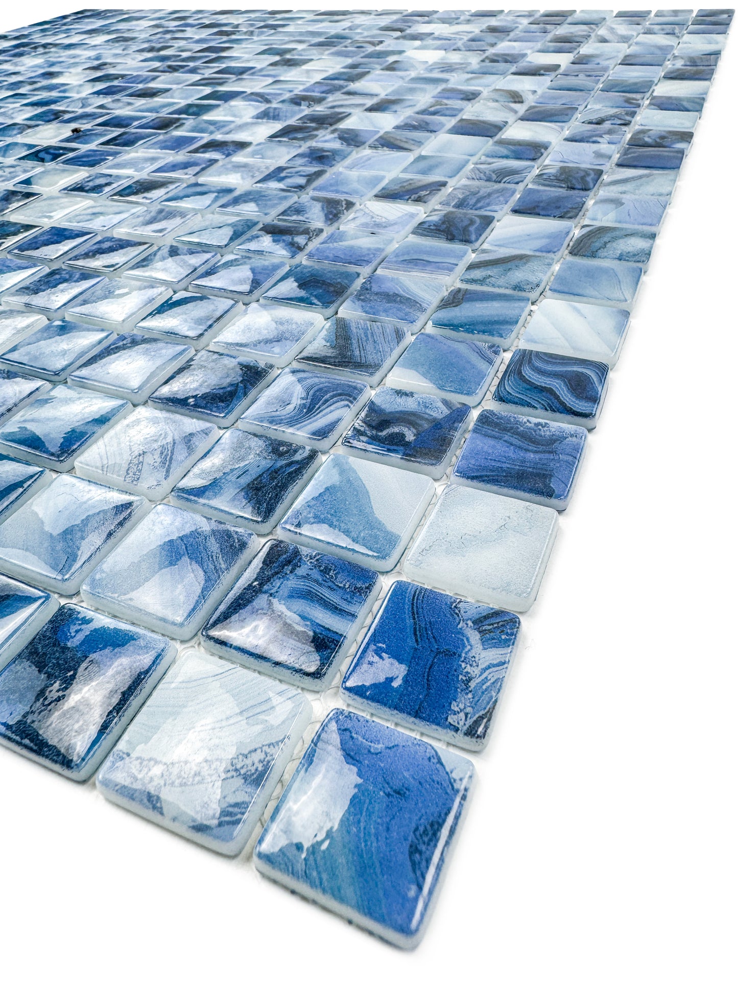 Opulent Vein Series Yale Blue & Milk White Marble Texture Glossy Recycled Glass Mosaic