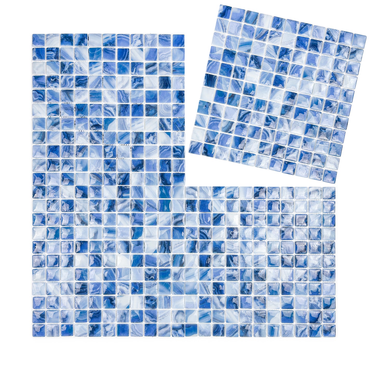 Opulent Vein Series Yale Blue & Milk White Marble Texture Glossy Recycled Glass Mosaic