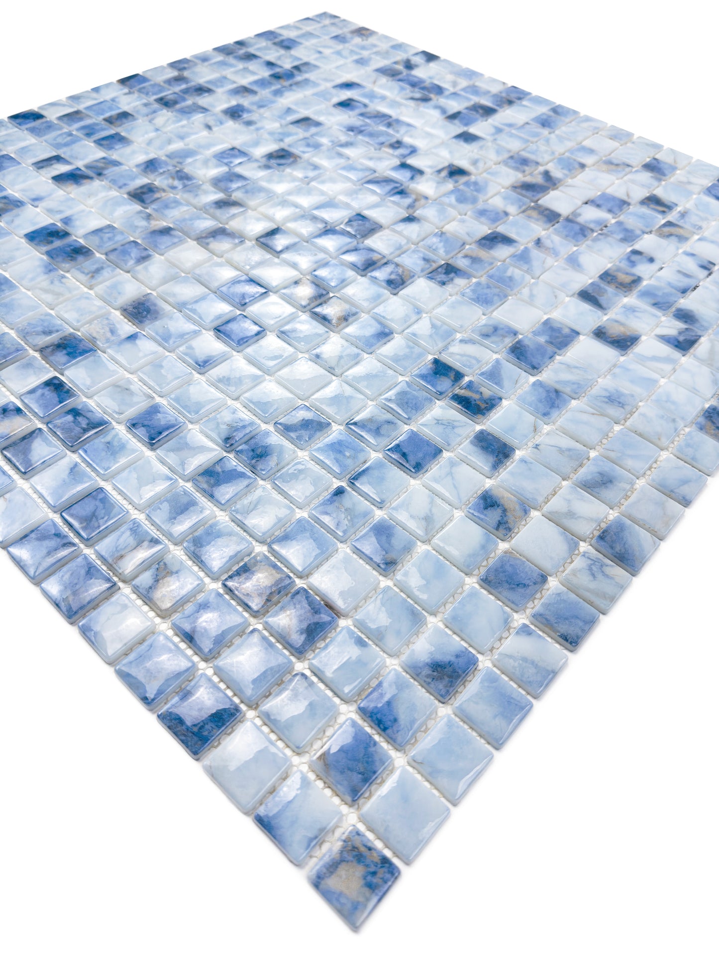 Opulent Vein Series Light Blue & Baby Blue Marble Texture Glossy Recycled Glass Mosaic