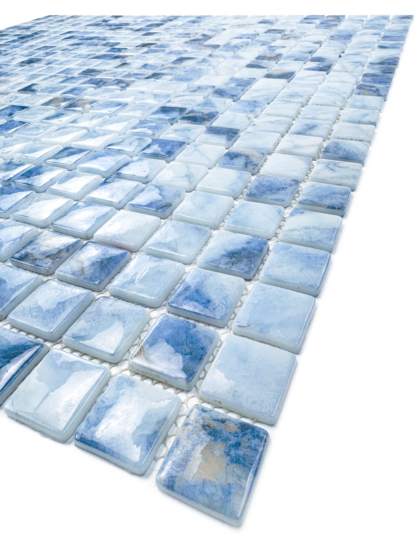 Opulent Vein Series Light Blue & Baby Blue Marble Texture Glossy Recycled Glass Mosaic
