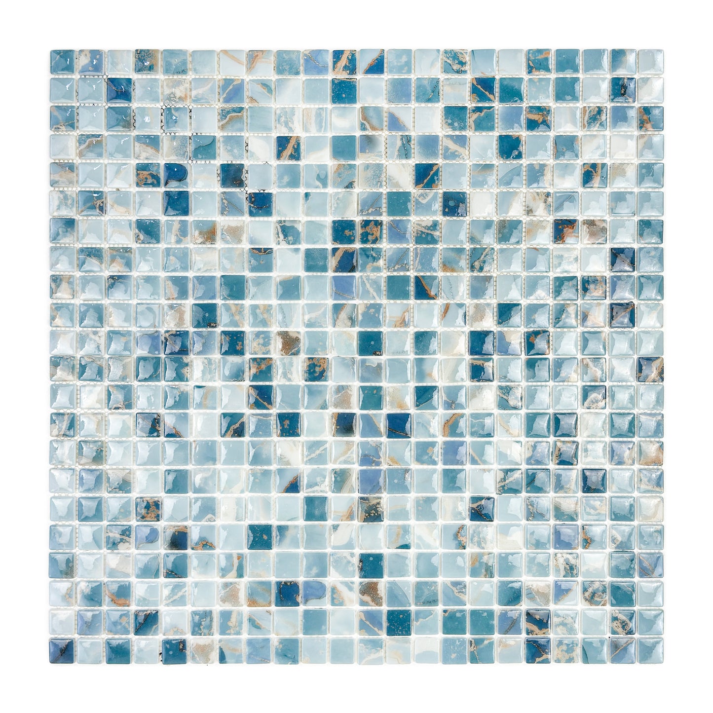 Opulent Vein Series Light Blue & Stone Blue Marble Texture Glossy Recycled Glass Mosaic