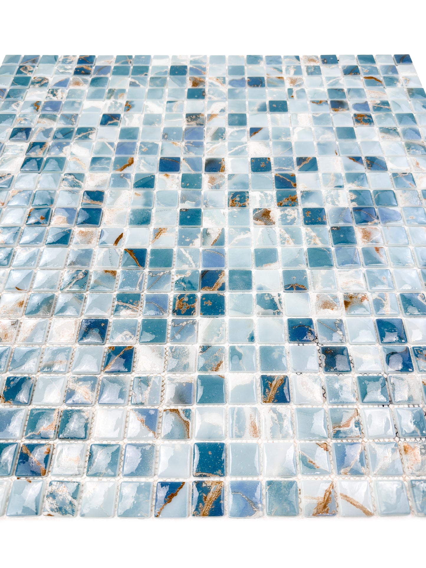 Opulent Vein Series Light Blue & Stone Blue Marble Texture Glossy Recycled Glass Mosaic