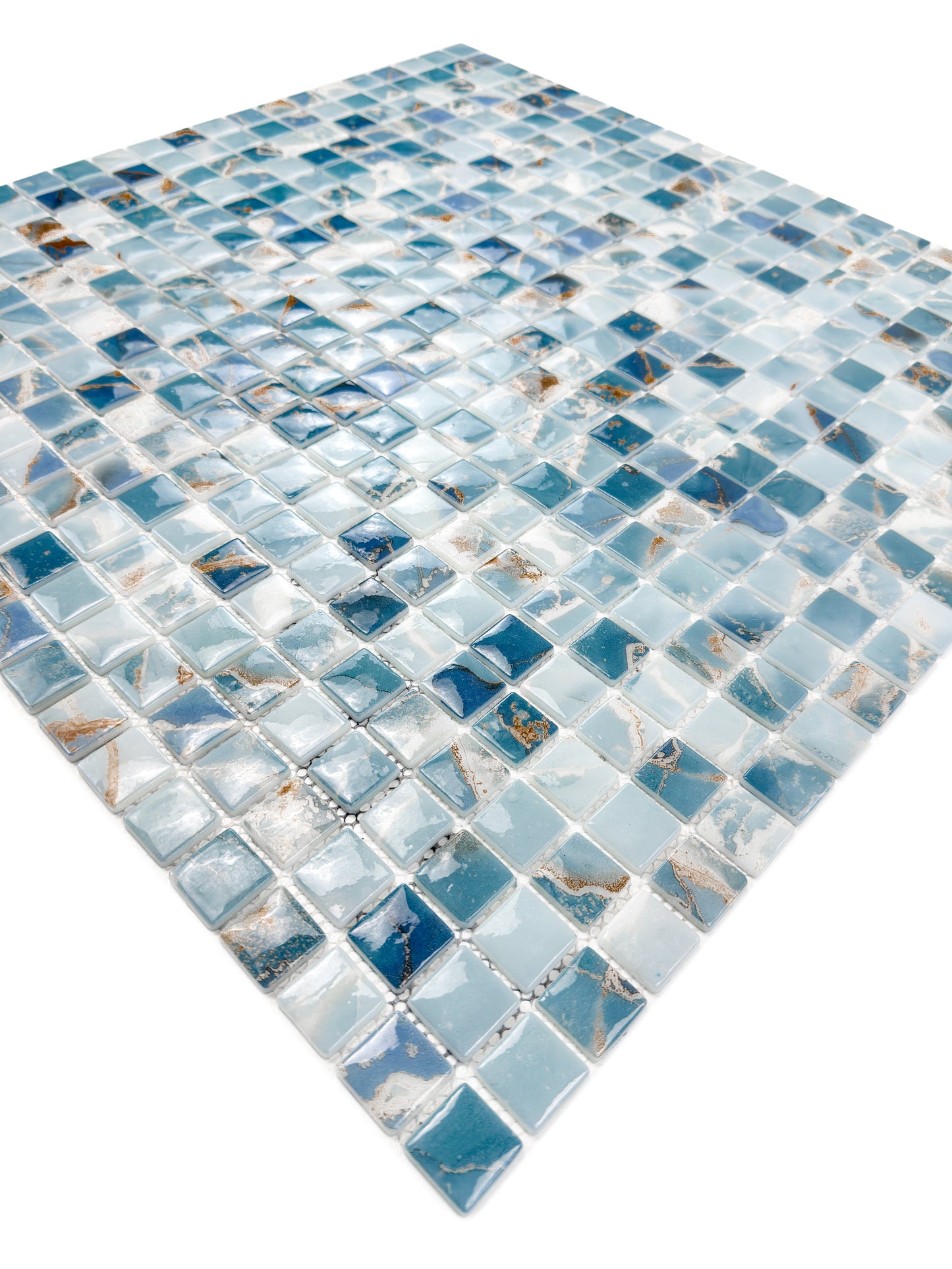 Opulent Vein Series Light Blue & Stone Blue Marble Texture Glossy Recycled Glass Mosaic