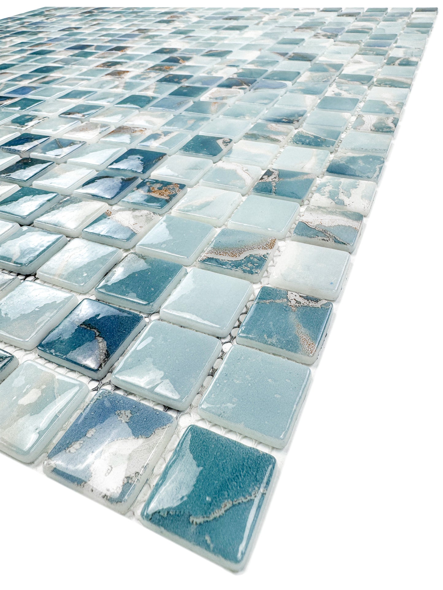 Opulent Vein Series Light Blue & Stone Blue Marble Texture Glossy Recycled Glass Mosaic