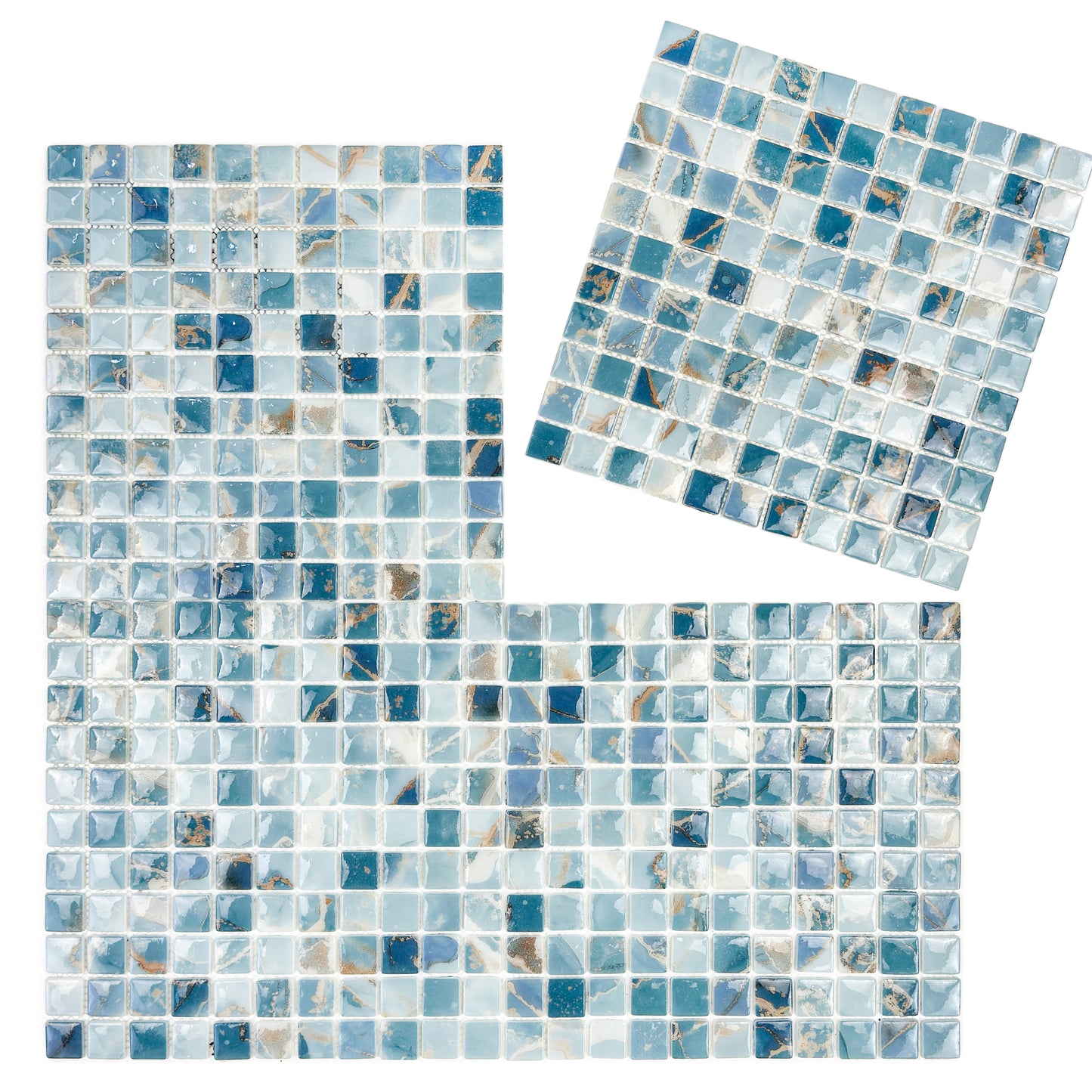 Opulent Vein Series Light Blue & Stone Blue Marble Texture Glossy Recycled Glass Mosaic