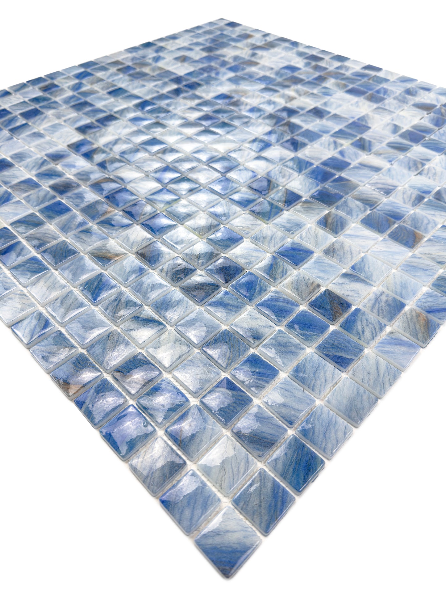 Opulent Vein Series Ice Blue & Royal Blue Marble Texture Glossy Recycled Glass Mosaic