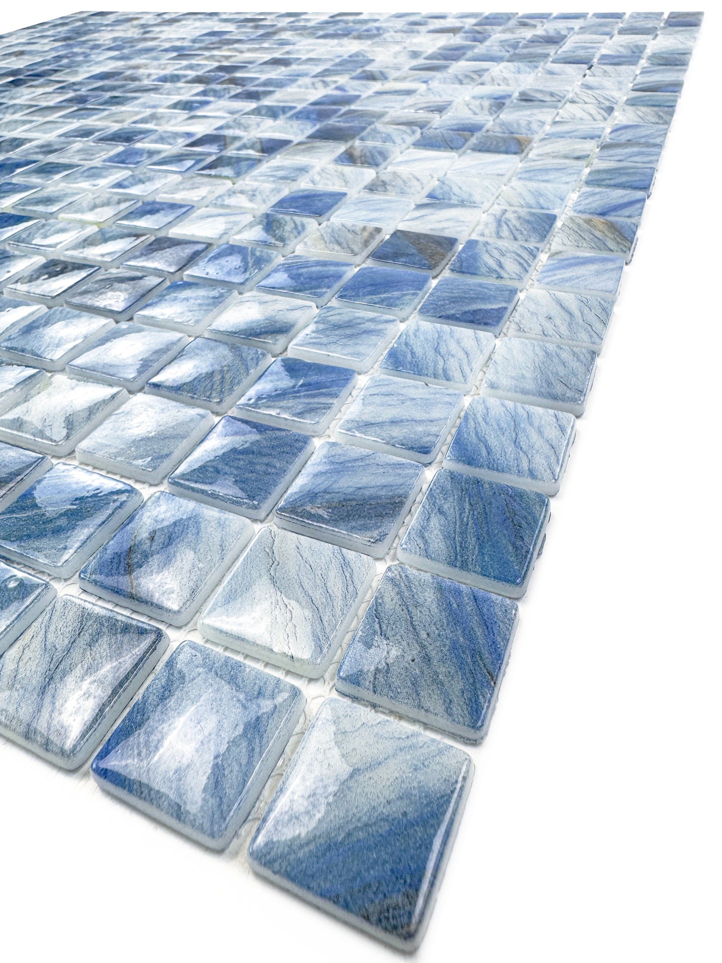 Opulent Vein Series Ice Blue & Royal Blue Marble Texture Glossy Recycled Glass Mosaic